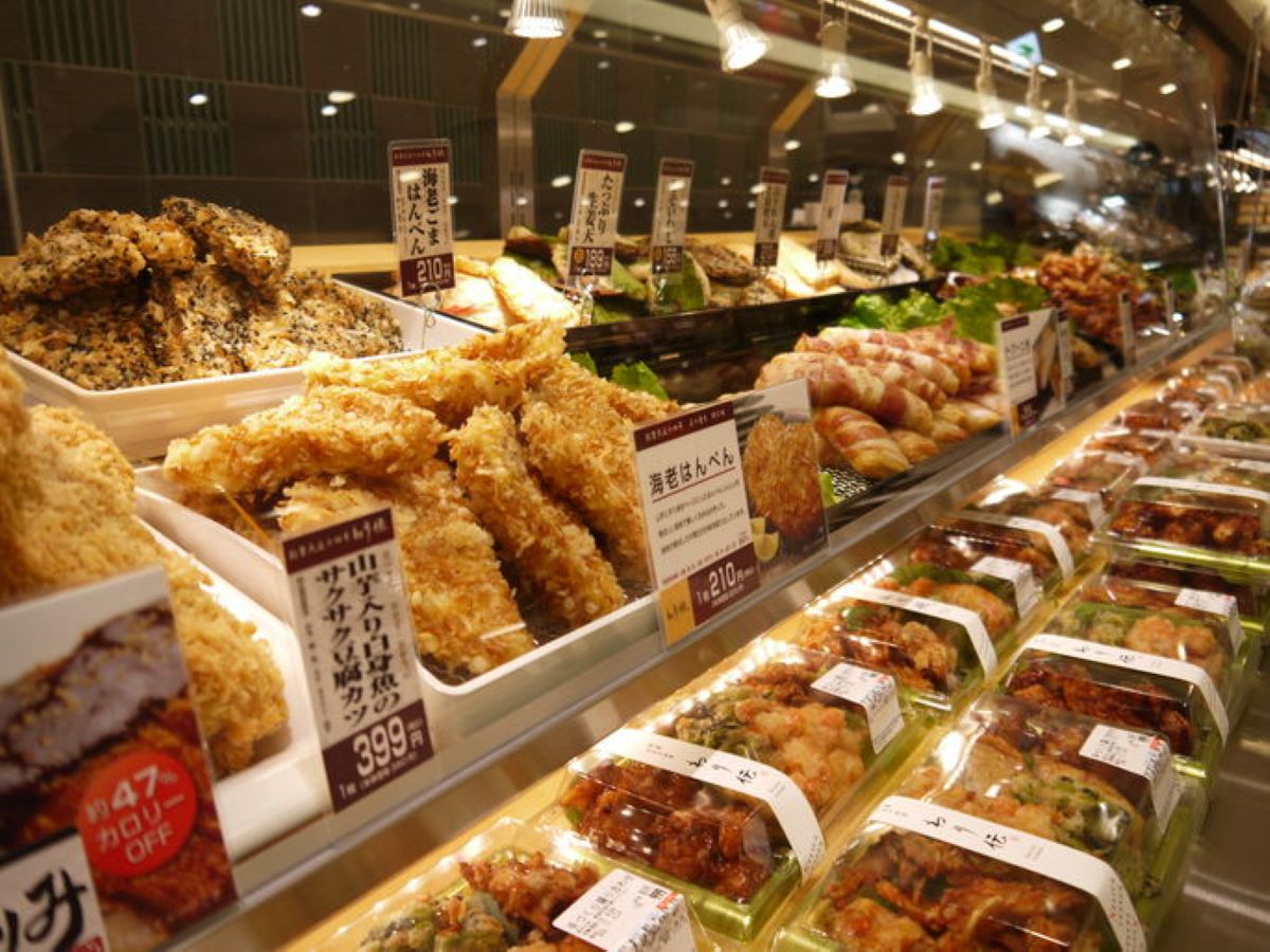 Prepared foods and delicacies displayed at a Japanese department store food hall (depachika).