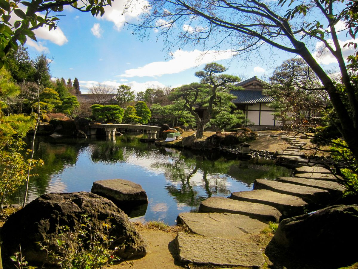 Visitors walking through a traditional Japanese garden with a pond and seasonal treesVisitors walking through a traditional Japanese garden with a pond and seasonal trees