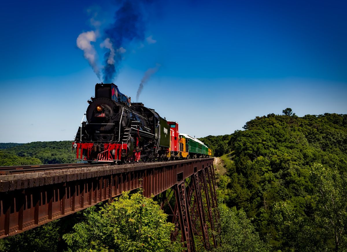 Scenic sightseeing train traveling through the Japanese countryside