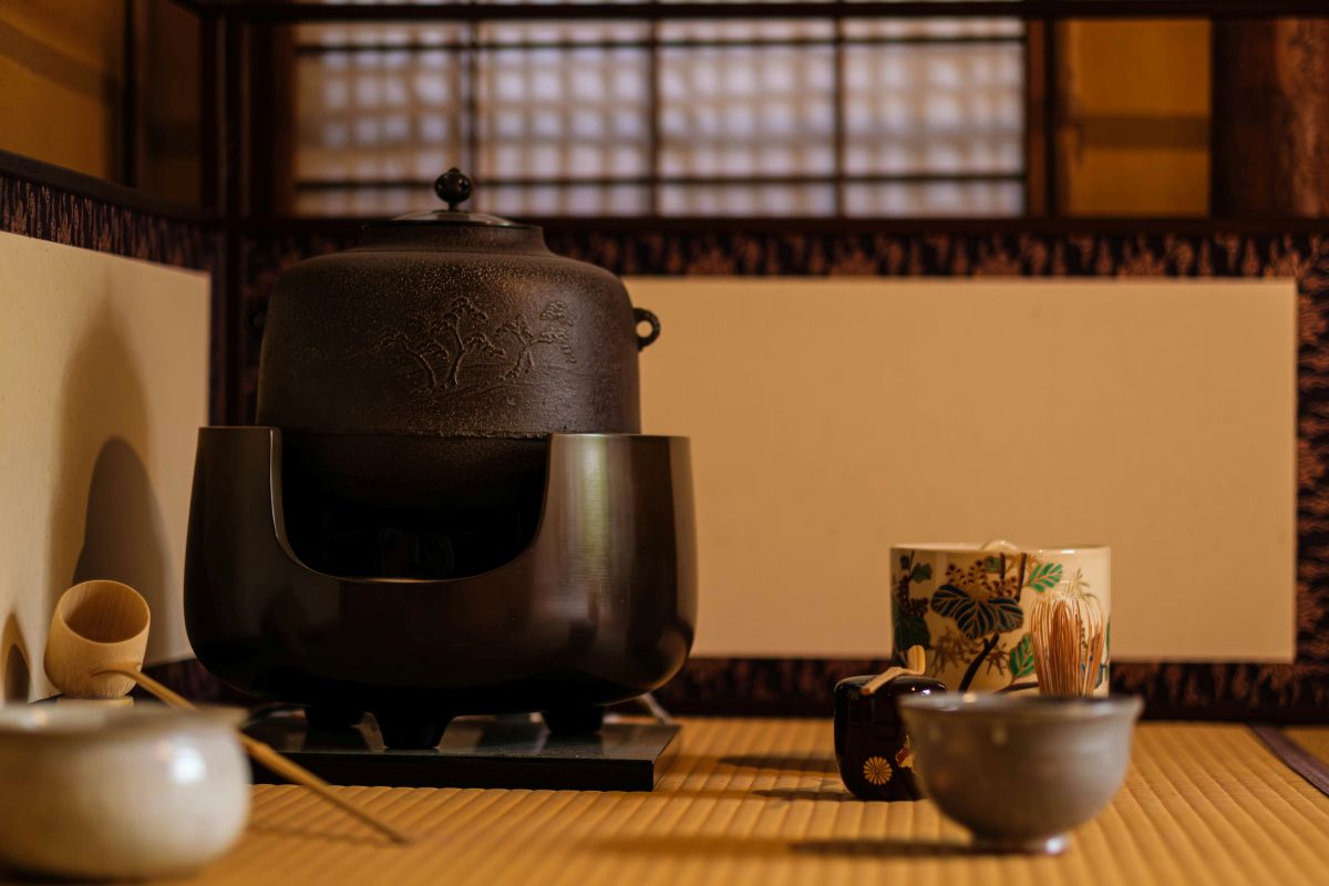Traditional Japanese tea house serving matcha in a peaceful garden