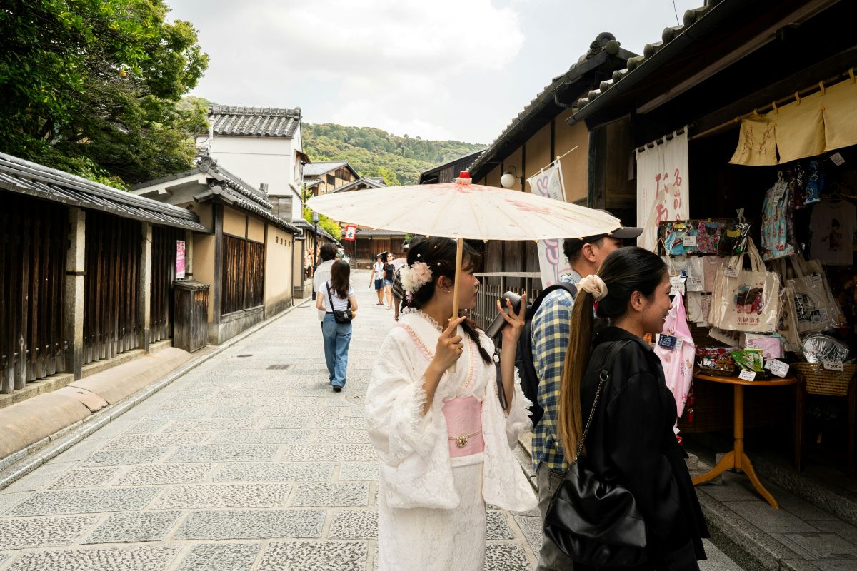 Historic Japanese street lined with traditional wooden buildings