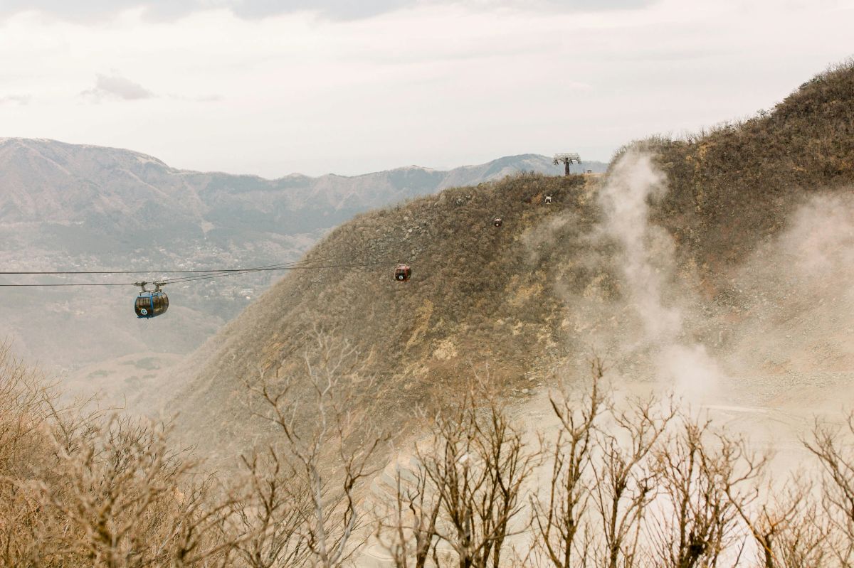 Scenic ropeway traveling above mountains with panoramic views in Japan