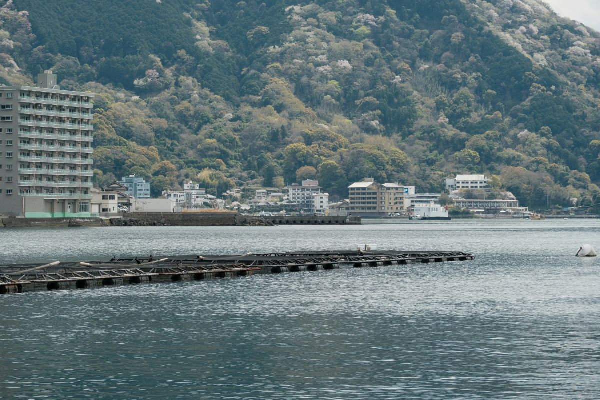 Open-air hot spring overlooking the ocean in Japan