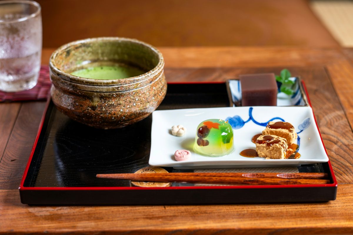 Colorful seasonal wagashi beautifully arranged on a Japanese plate