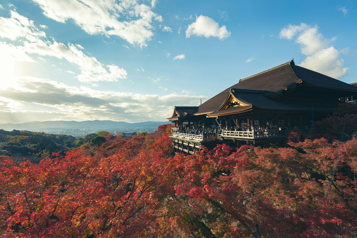 Traditional Japanese mountain temple nestled among lush forest and stone stairways