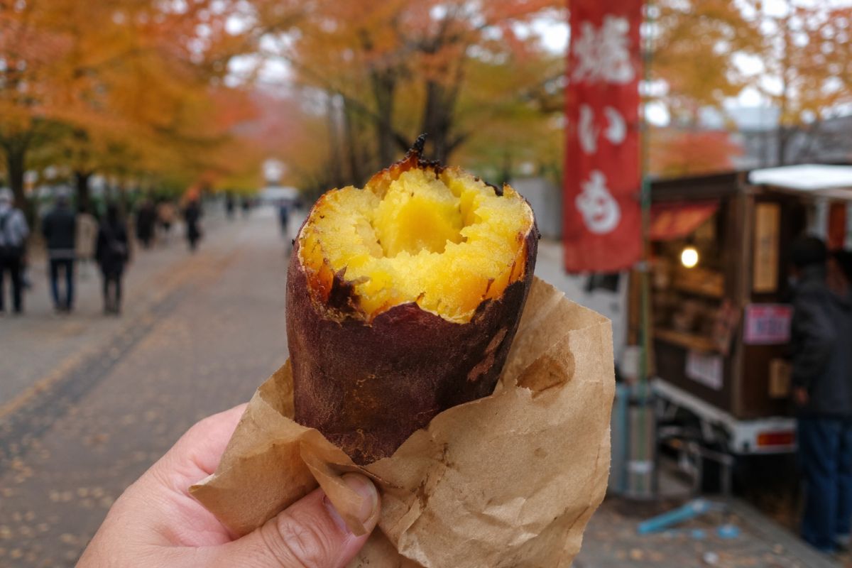 Traditional Japanese roasted sweet potato served warm in paper wrapping