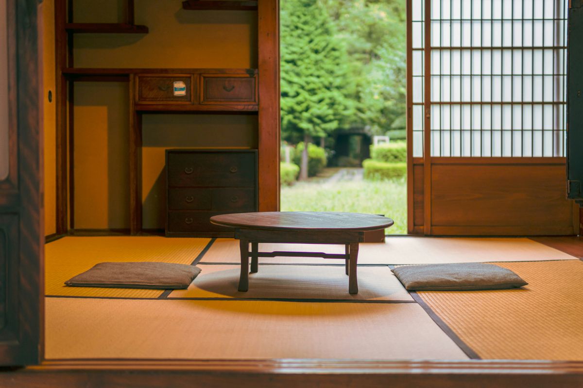 A traditional Japanese tatami room with simple, elegant interior design