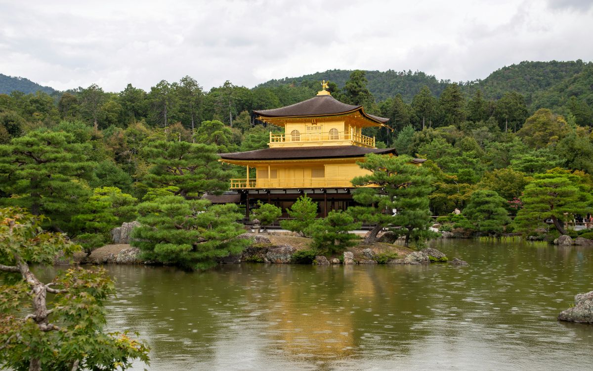 A peaceful Japanese garden on a rainy day with green moss, hydrangeas, and a traditional stone path.