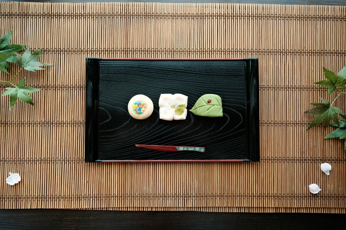 Colorful seasonal wagashi in a traditional Japanese sweet shop
