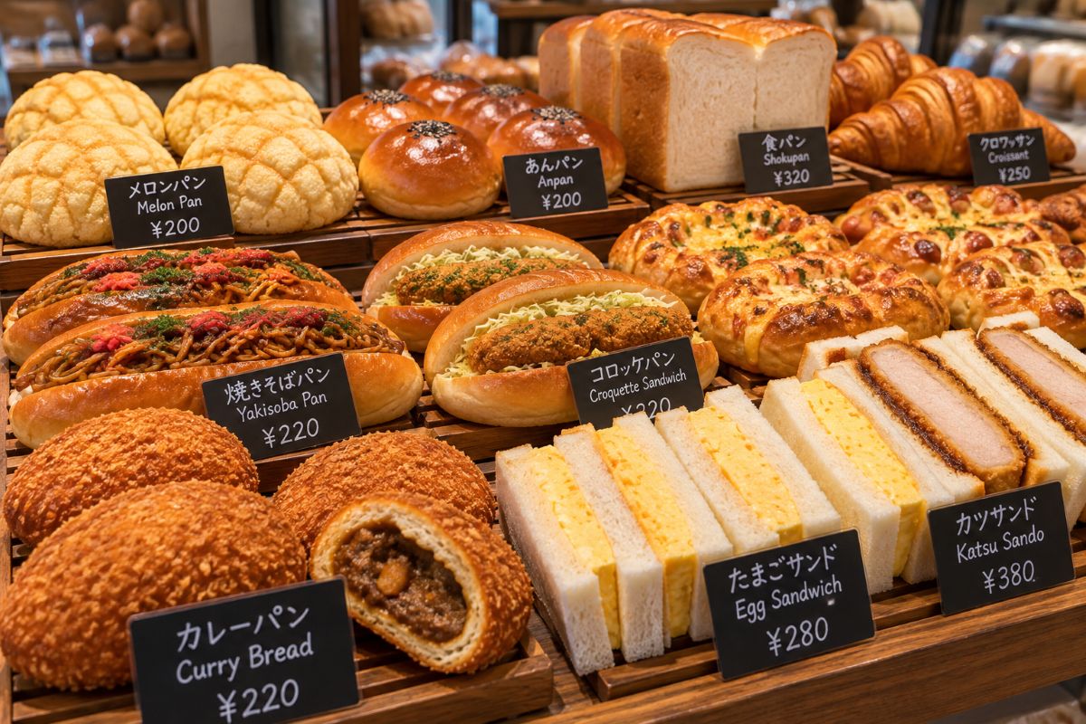 Freshly baked bread displayed inside a traditional Japanese bakery