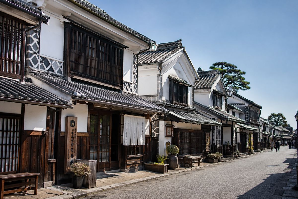 Historic Japanese kura storehouses with white plaster walls along a traditional street