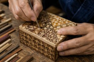 Traditional Japanese artisan making a handmade wooden yosegi box with intricate wood patterns