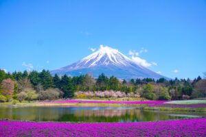 Peaceful Japanese mountain lake reflecting forests and mountains under a clear sky