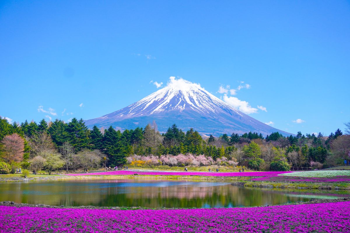 Peaceful Japanese mountain lake reflecting forests and mountains under a clear sky