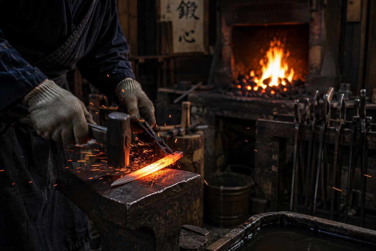 Traditional Japanese blacksmith forging a handmade knife in a historic workshop