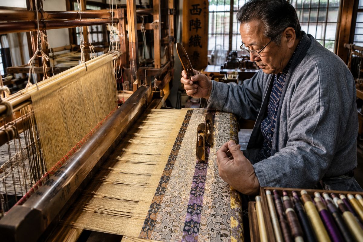 Japanese artisan weaving colorful silk fabric on a traditional wooden loom in a historic workshop