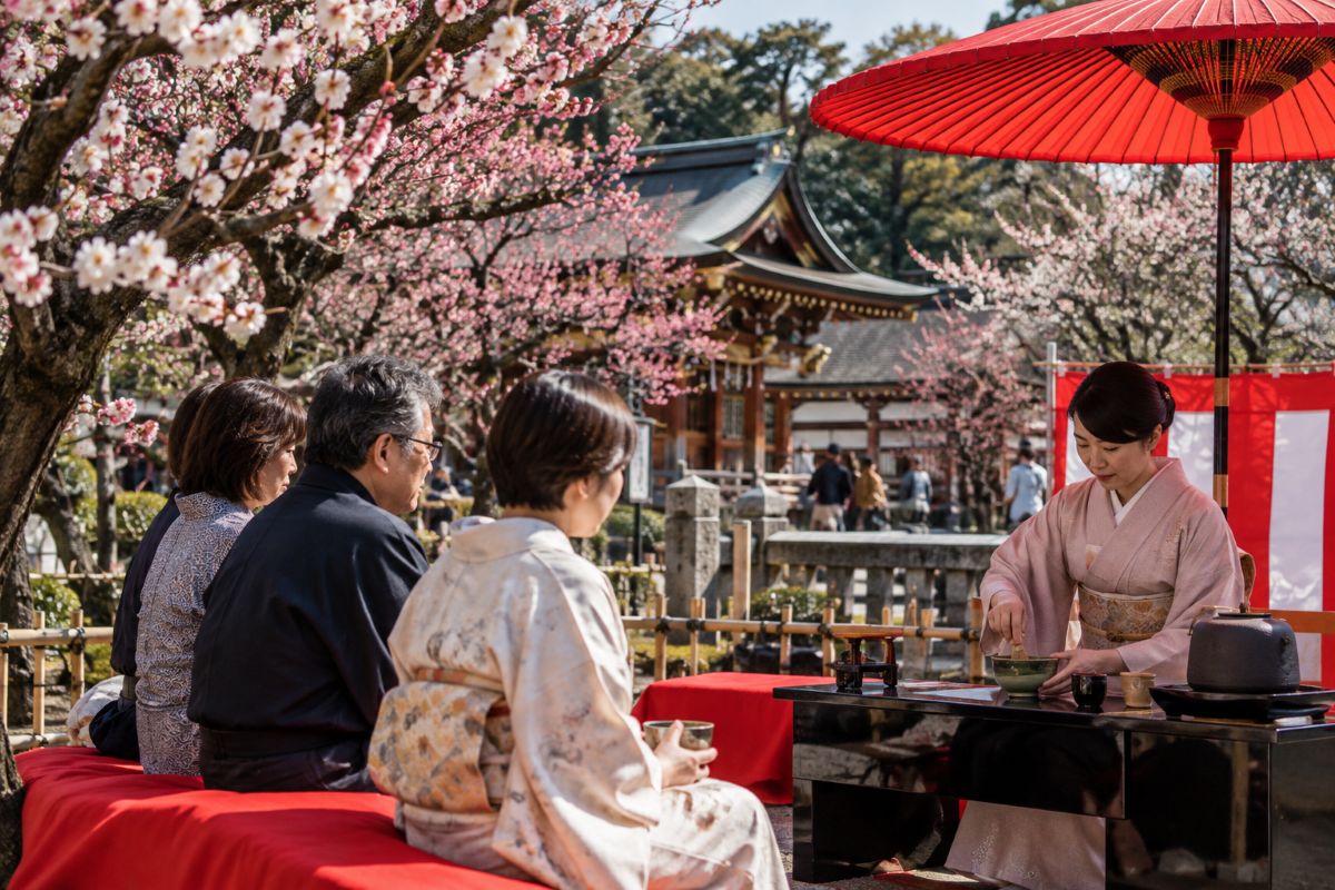 Traditional Japanese outdoor tea ceremony surrounded by blooming plum trees in spring