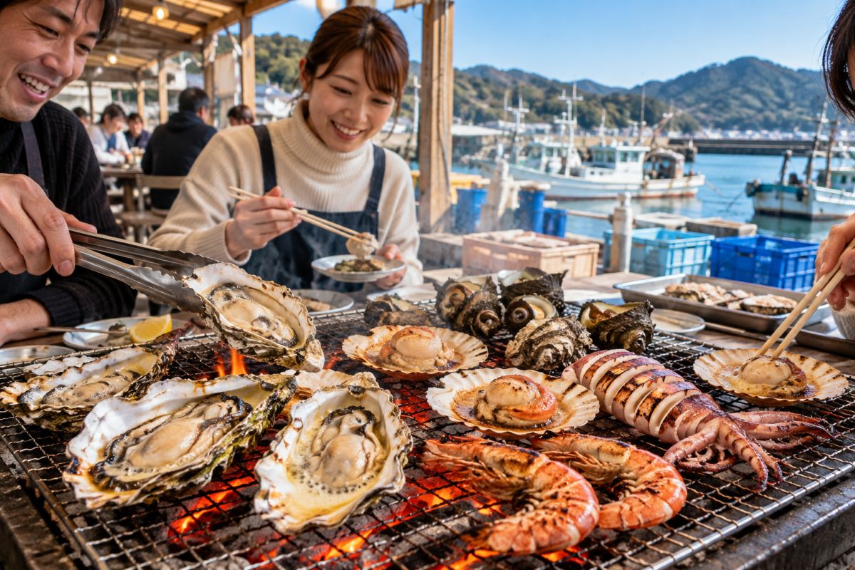 Fresh Japanese seafood grilling over charcoal at a local seaside barbecue