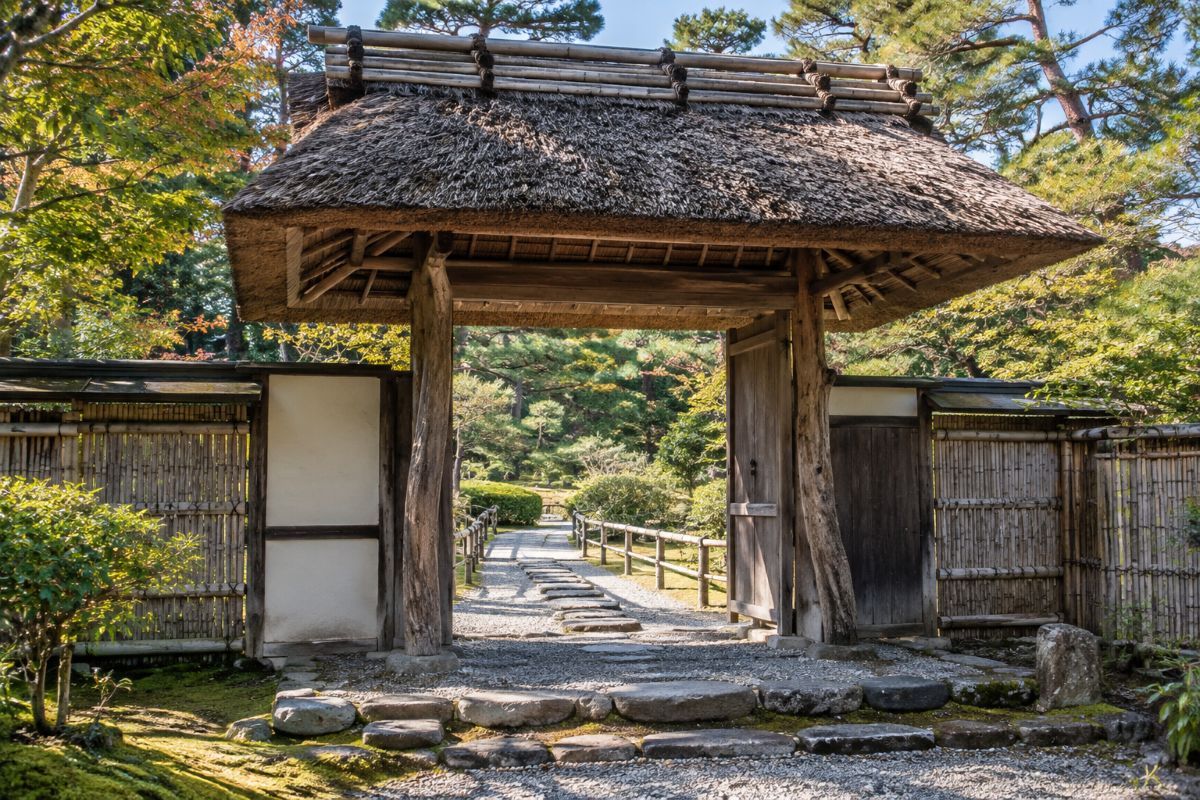 Traditional Japanese wooden garden gate with a thatched roof surrounded by moss and trees