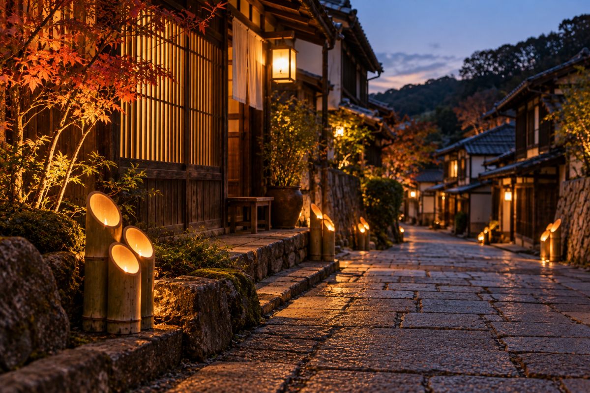 Handmade bamboo lanterns glowing along a historic Japanese street during an evening festival