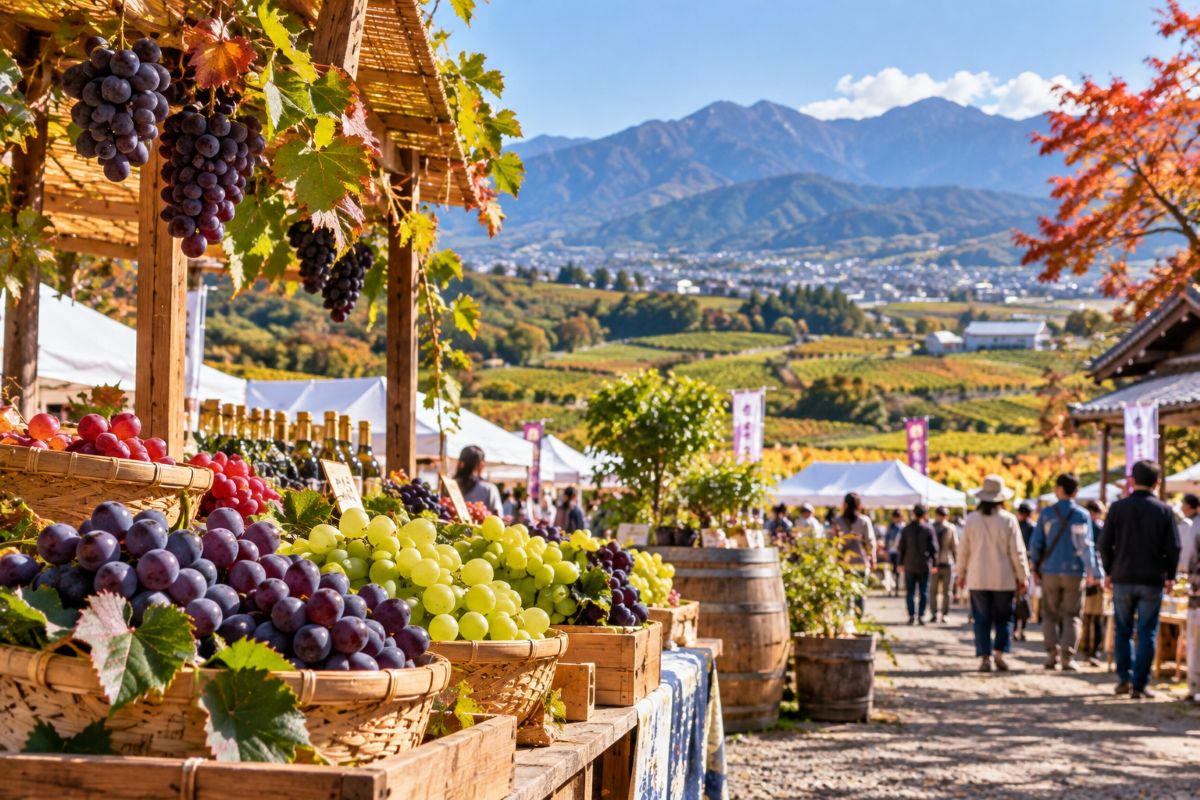 Fresh grapes displayed at a local autumn fruit festival in Yamanashi, Japan