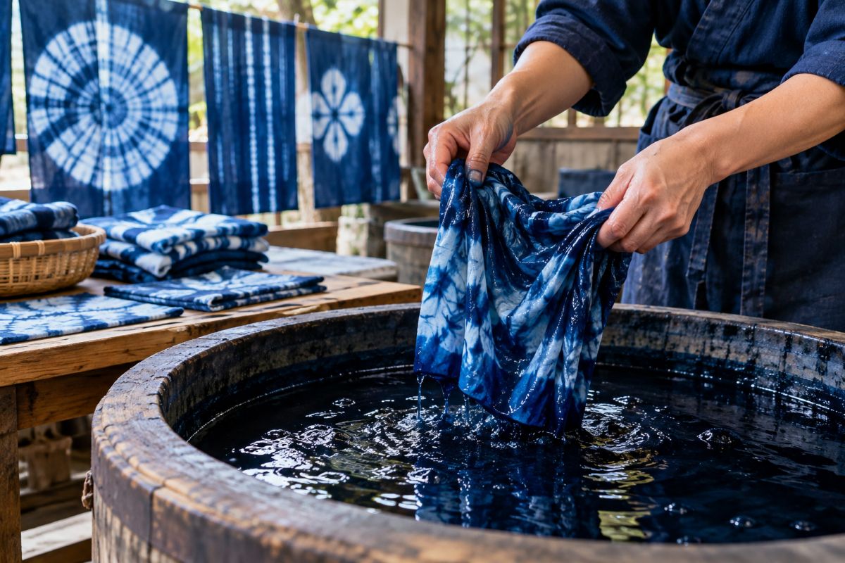 Traditional indigo dyeing workshop in Tokushima, Japan, showing folded cotton fabric being dipped into a blue dye vat