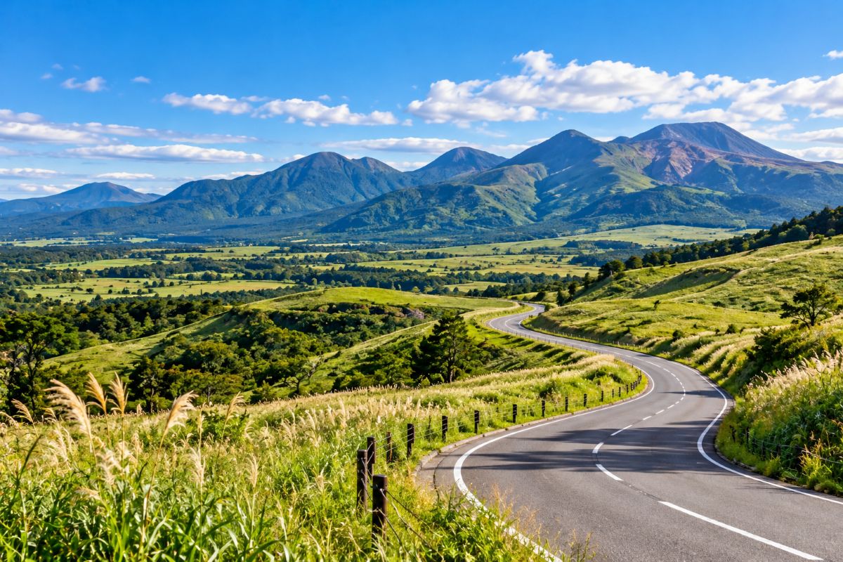Yamanami Highway winding through green grasslands and mountain scenery in Kyushu, Japan