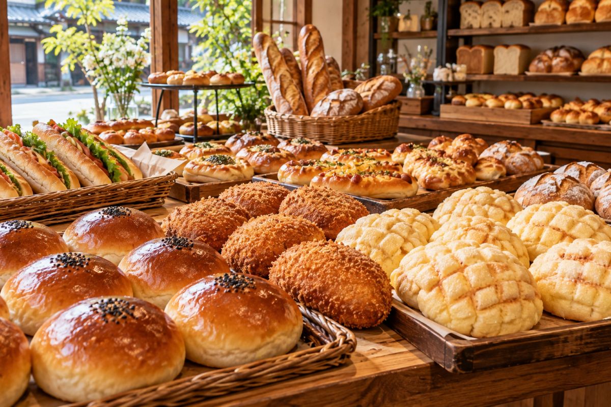 Freshly baked anpan, curry pan, and melon pan displayed at a neighborhood bakery in Japan