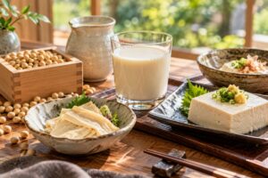 Japanese soy milk served with fresh yuba, tofu, and soybeans on a traditional wooden table