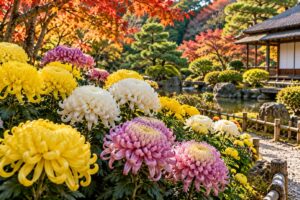 Beautiful yellow, white, and pale pink chrysanthemums blooming in a traditional Japanese garden during autumn