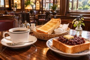 Traditional Japanese kissaten breakfast with coffee, buttered toast, boiled egg, and Nagoya-style ogura toast