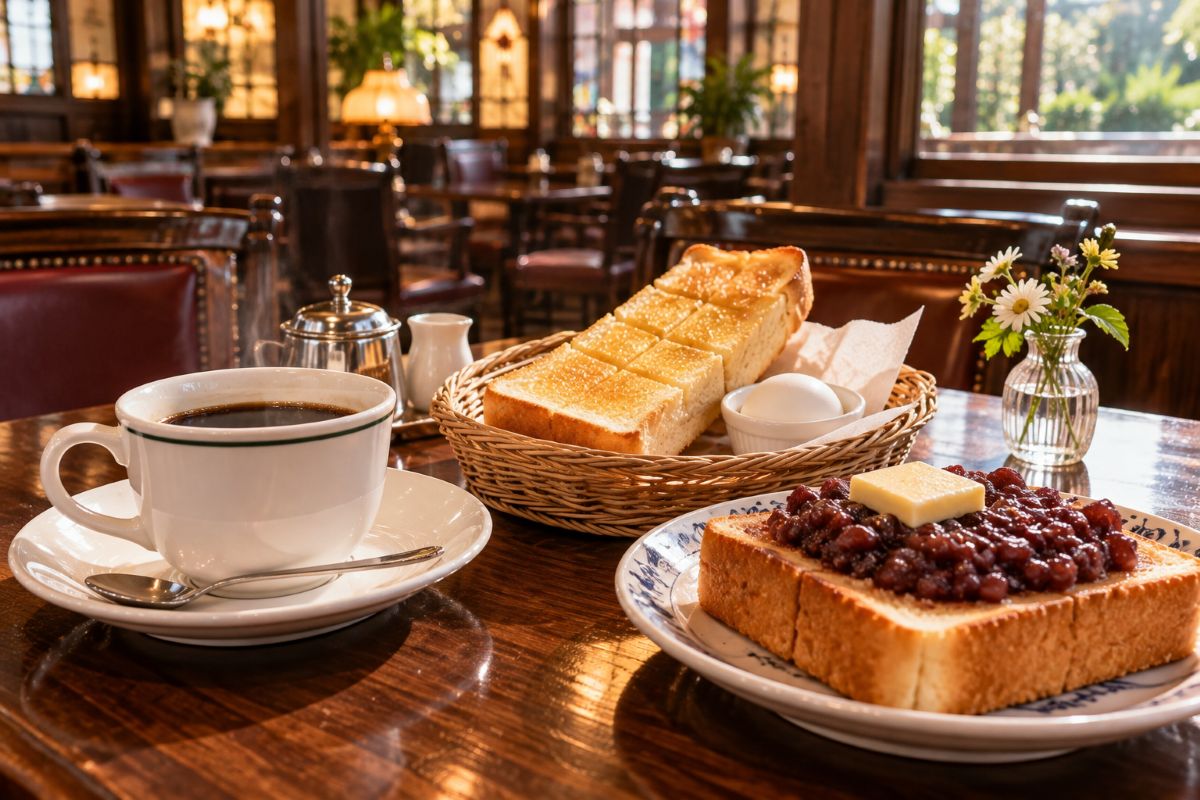 Traditional Japanese kissaten breakfast with coffee, buttered toast, boiled egg, and Nagoya-style ogura toast