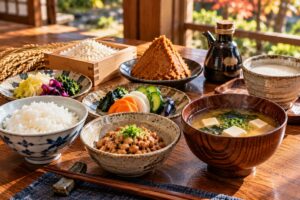 Traditional Japanese fermented foods including miso soup, natto, fermented pickles, rice koji, and soy sauce arranged on a wooden table