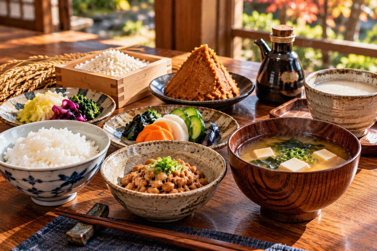 Traditional Japanese fermented foods including miso soup, natto, fermented pickles, rice koji, and soy sauce arranged on a wooden table